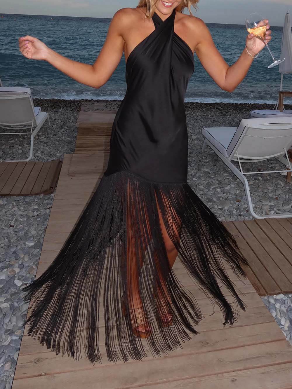 Fashionable Fringe Paneled  Draped Detail Open Back Maxi Dress