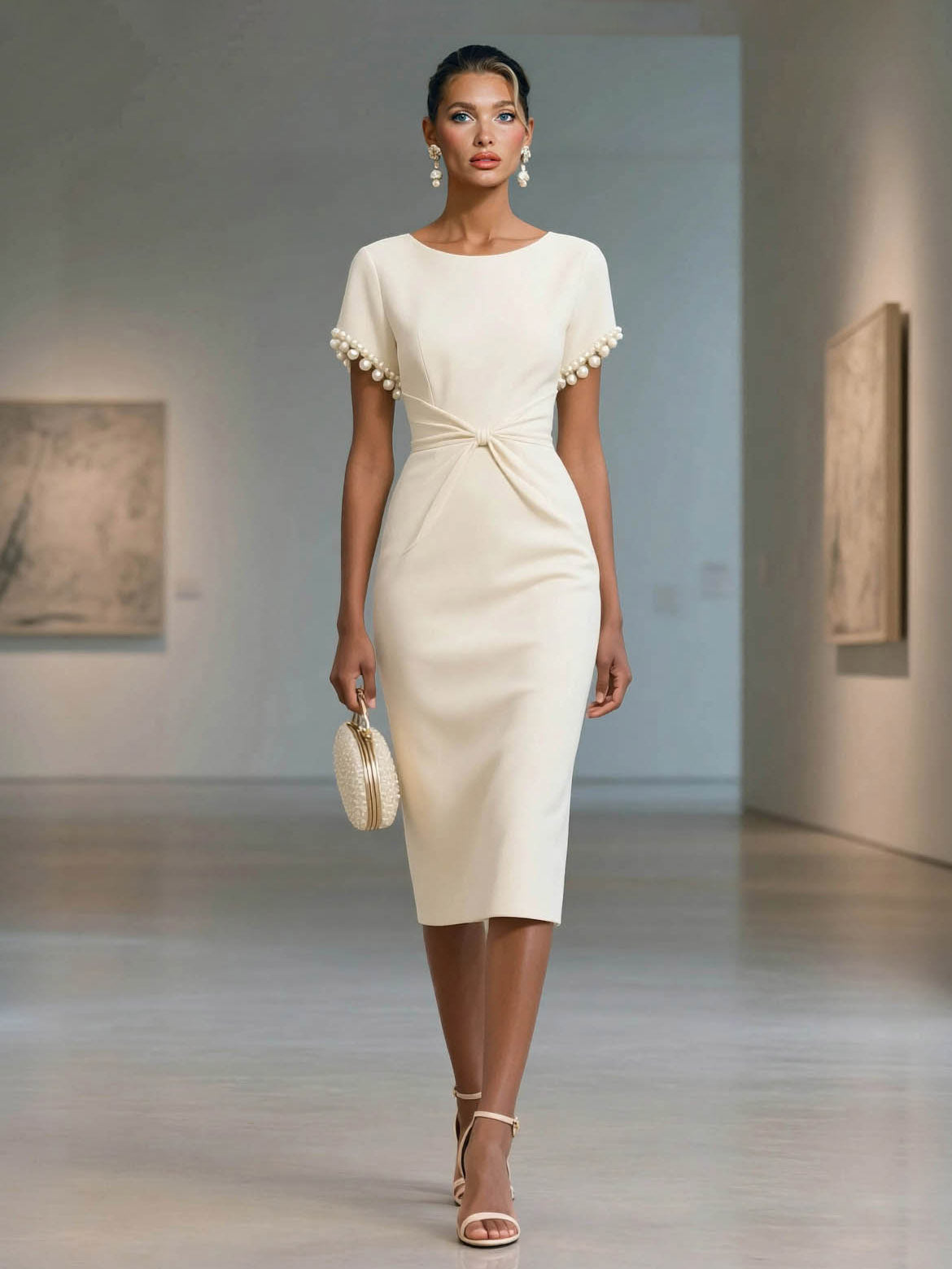 Elegant Pearl-Trim Short Sleeve Midi Dress