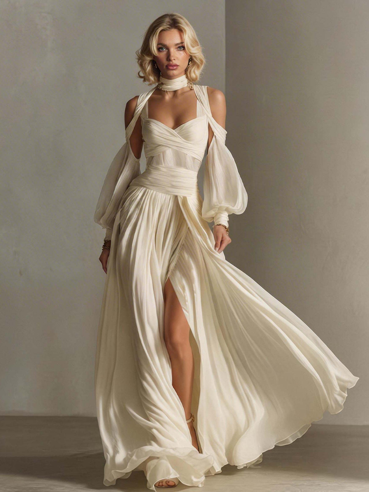 Elegant Off-Shoulder Puff Sleeve High-Slit Flowing Maxi Dress