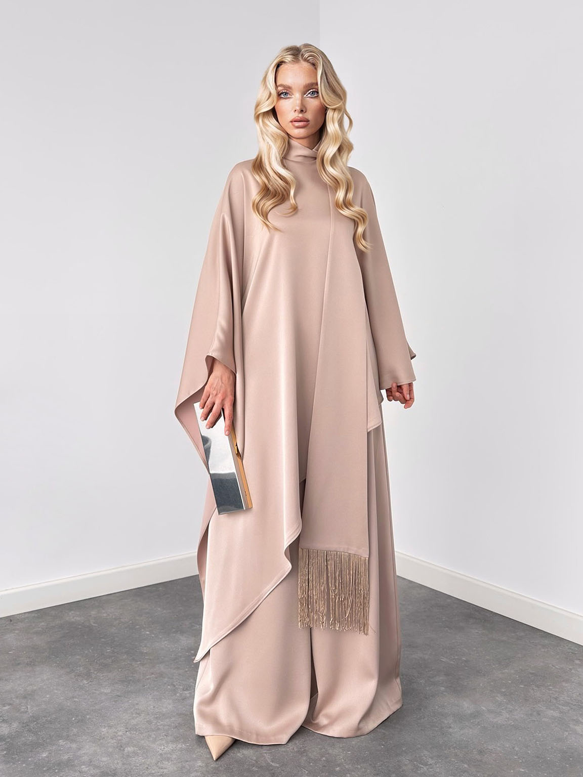 Elegant High-Neck Draped Top And Wide-Leg Pants Set
