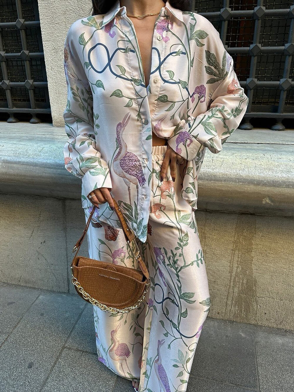 Elegant Floral Print Loose-Fit Button-Up Oversized Shirt