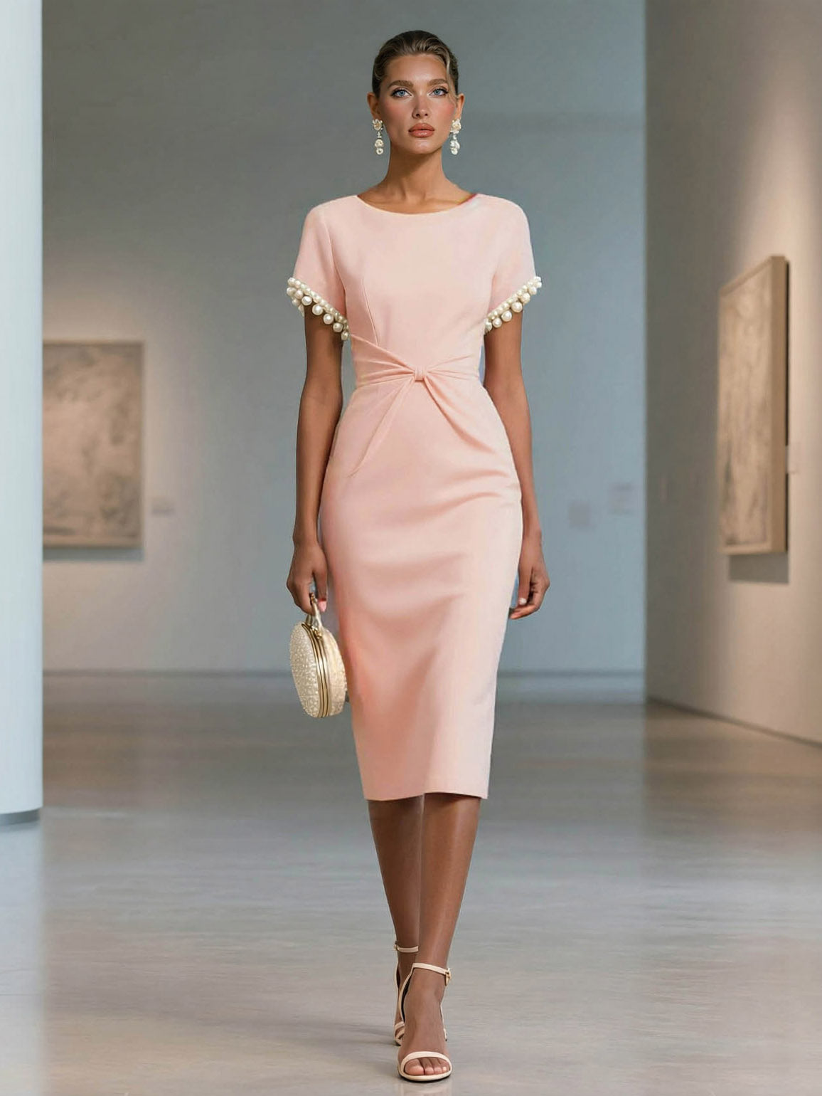 Elegant Pearl-Trim Short Sleeve Midi Dress