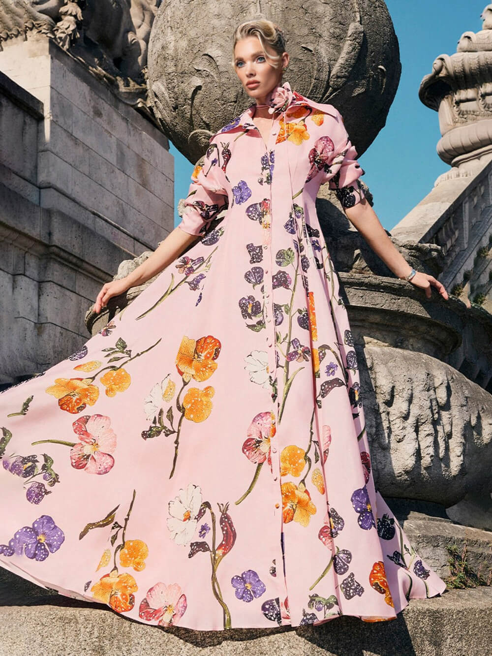 Exquisite Fashion Floral Print Button-Front A-Line Maxi Dress