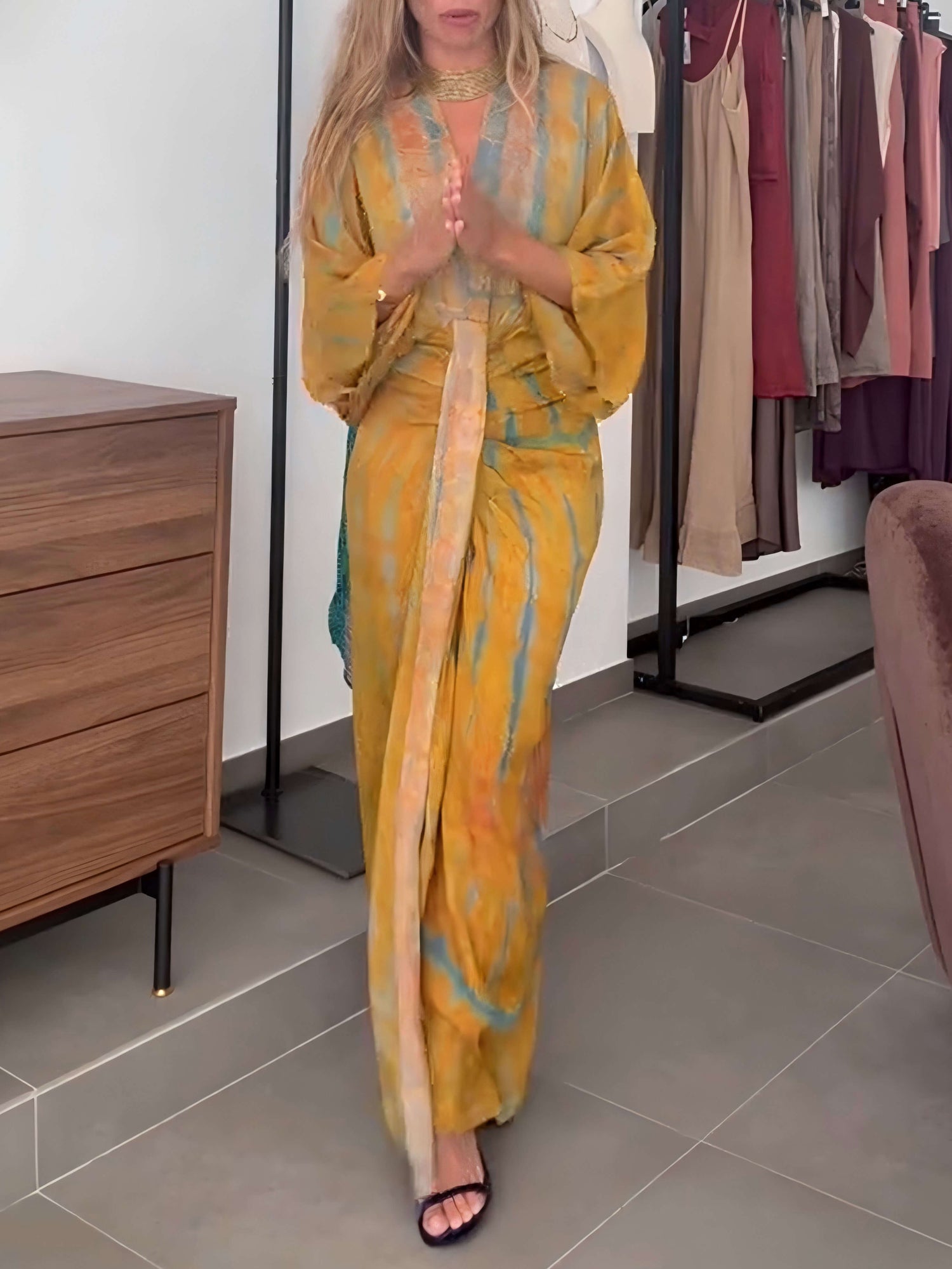 Bohemian Kimono-Inspired Tie-Dye Print Waist-Tie Maxi Dress