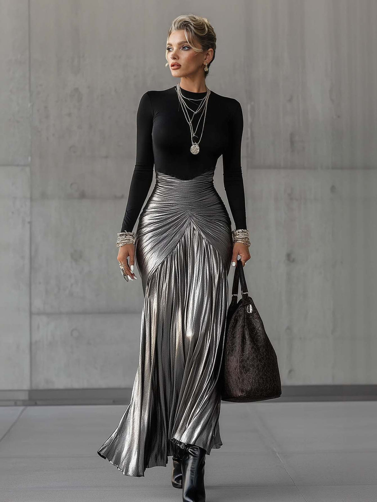 Elegant Round Neck Metallic Silver Pleated Maxi Dress