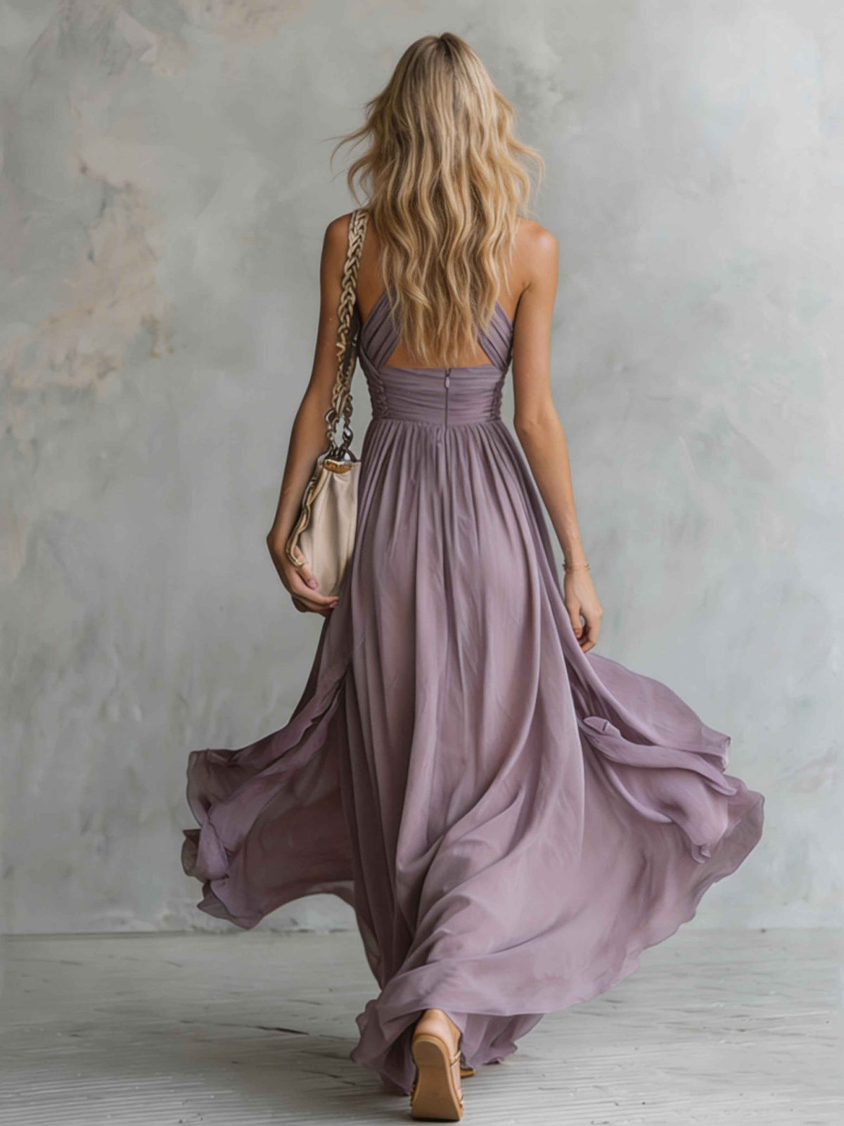 Elegant Ruched Halter Neck Flowing Maxi Dress