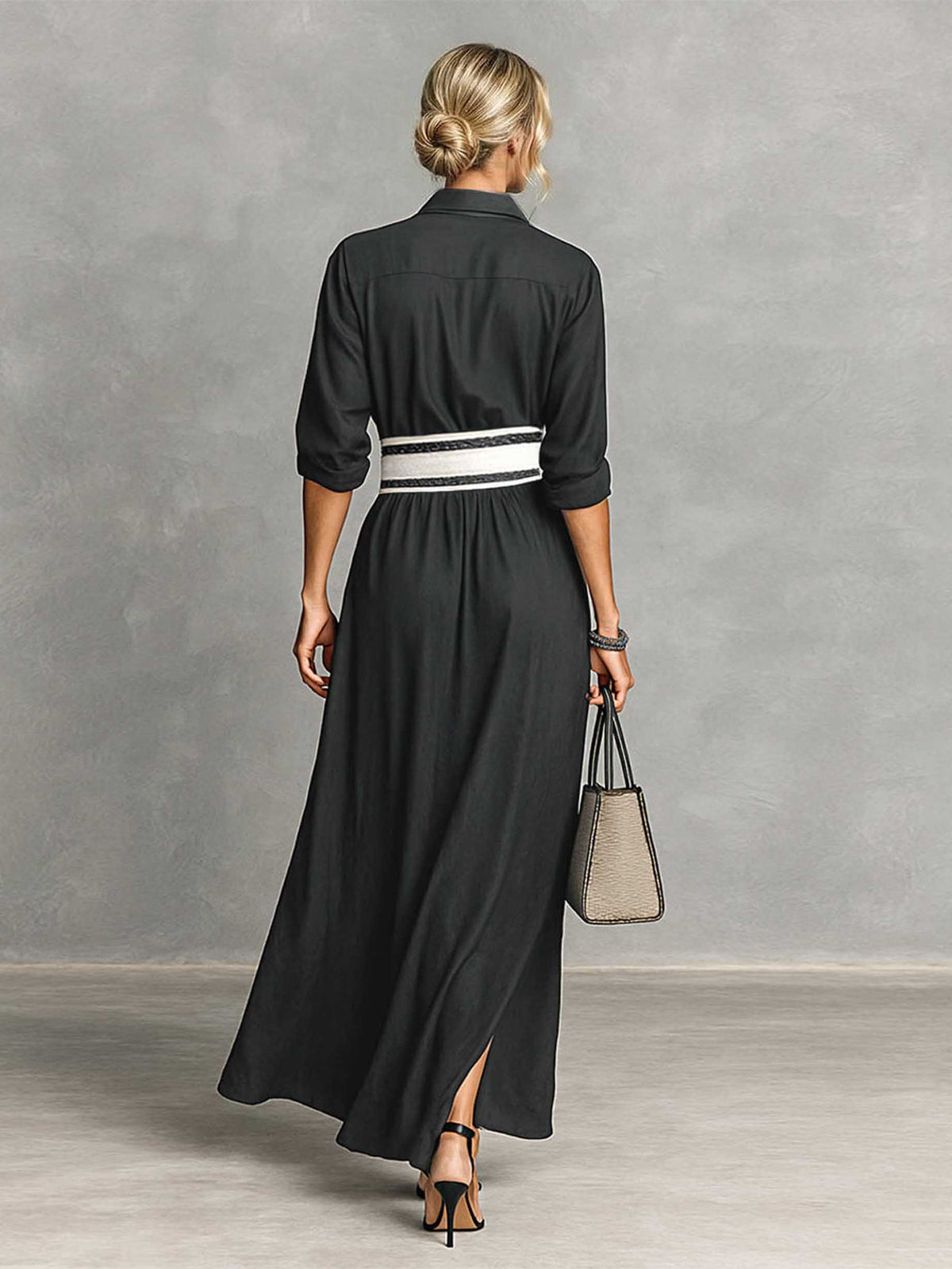 Casual Collared Single-Breasted Waist-Drawn Maxi Dress