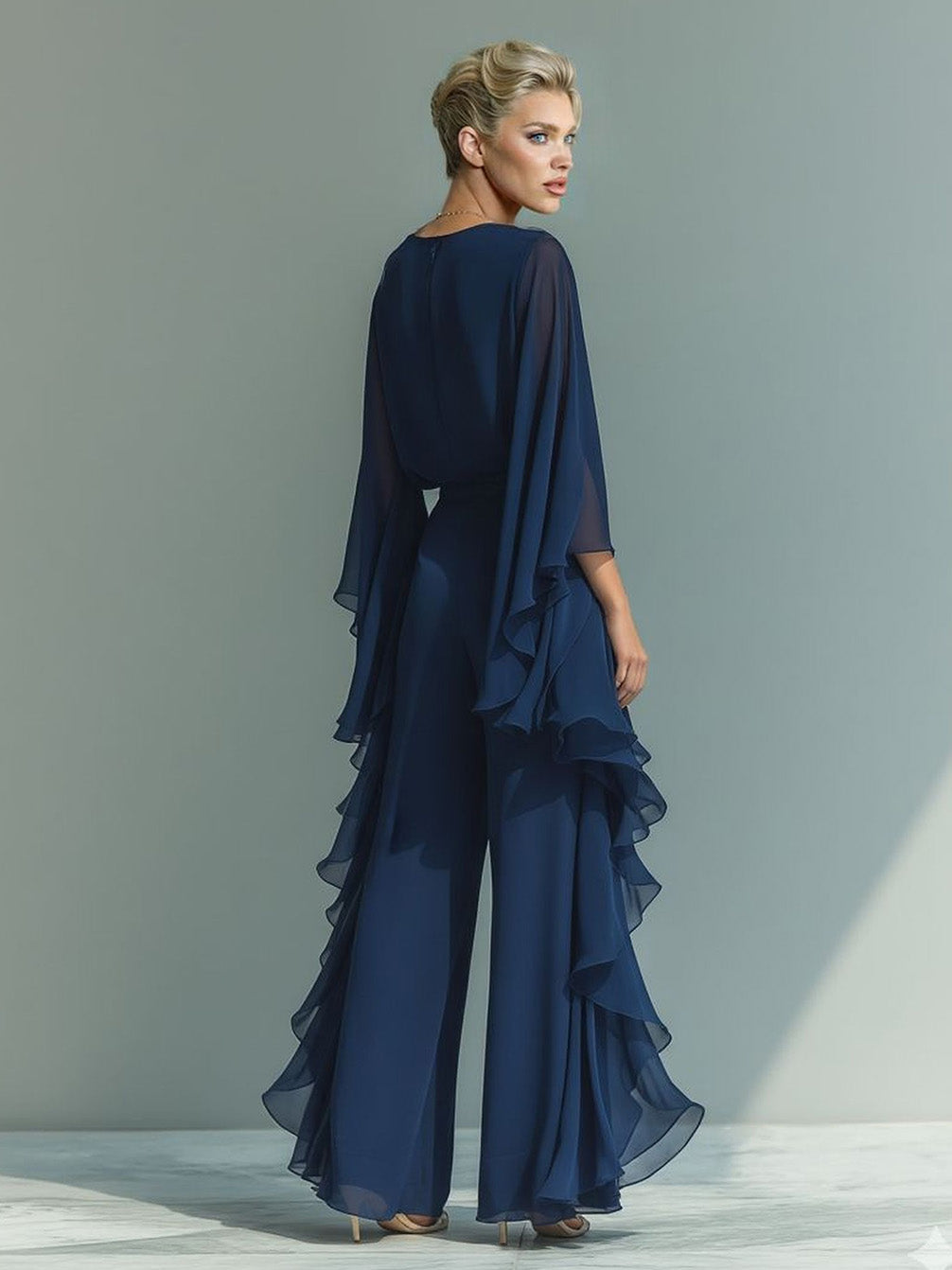 Chiffon Bell-Sleeve Top & Straight-Leg Pants Two-Piece Set
