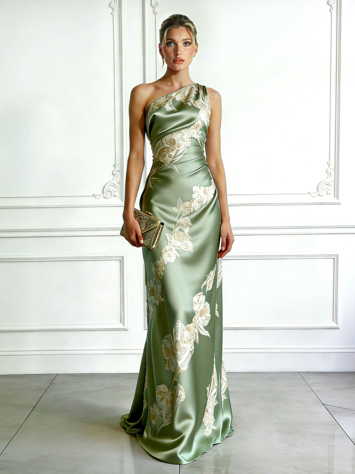 Elegant One-shoulder Floral Satin Maxi Dress