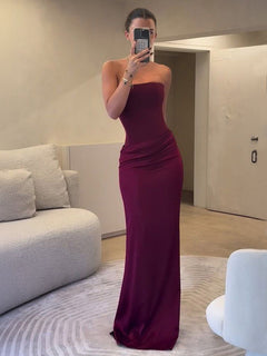 Elegant Strapless Draped Satin Maxi Dress
