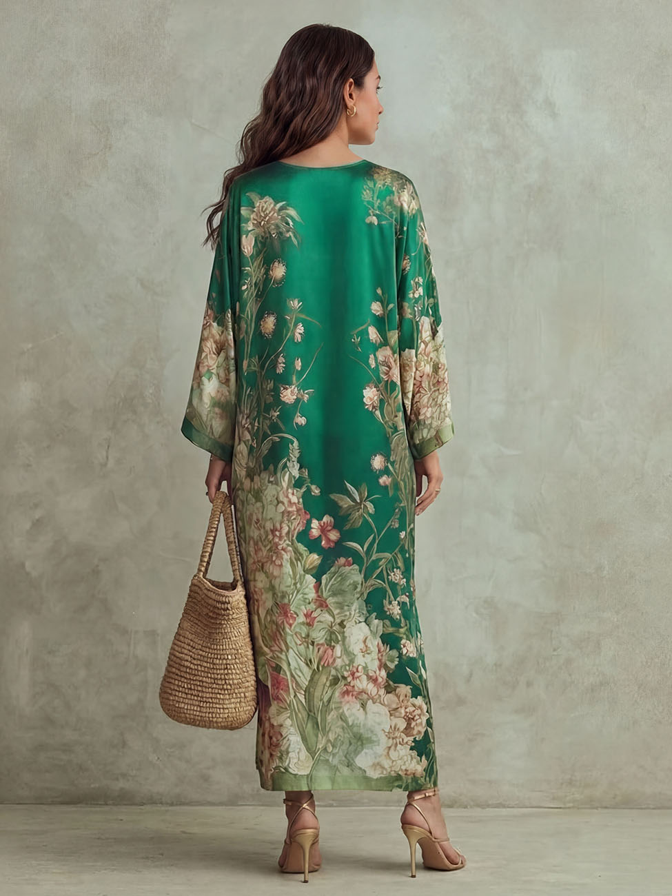 Elegant Floral Print Batwing Sleeve Maxi Dress