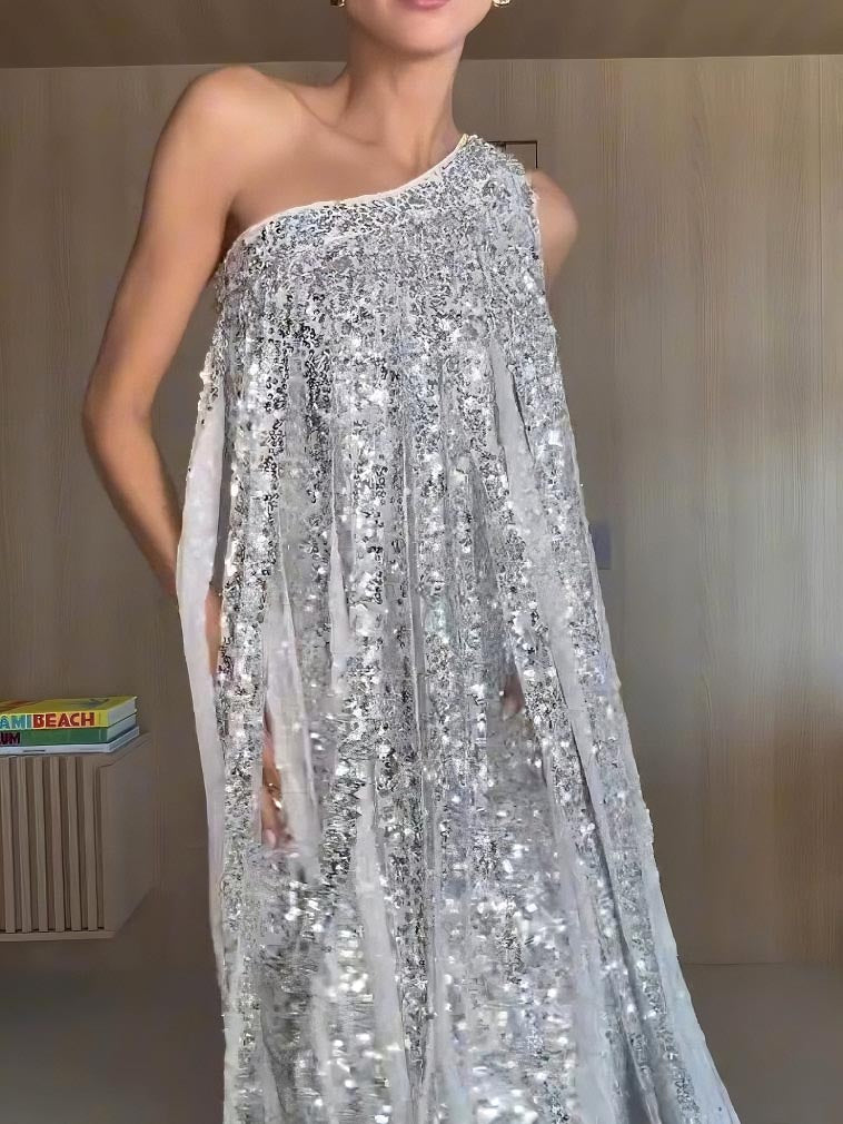 Elegant One-shoulder Neckline Tassel Sequin Maxi Dress