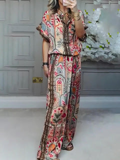 Boho Print Tassel Detail Casual Elastic Waist Pocket Wide-Leg Pants