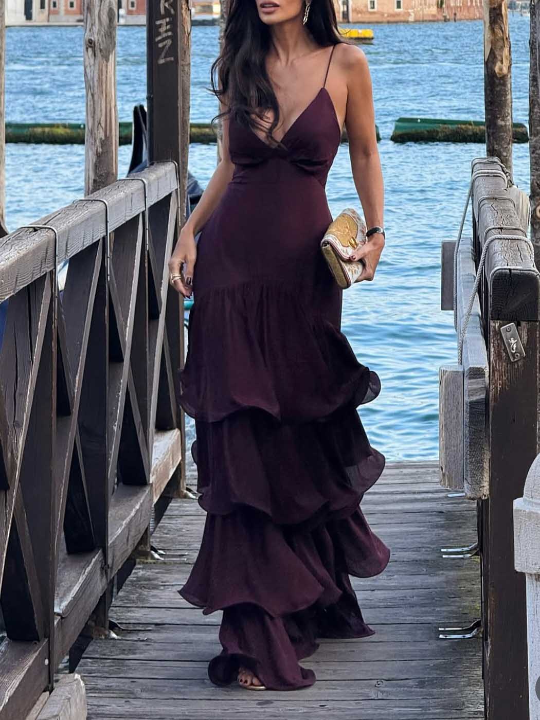 Elegant Deep V-Neck Tiered Ruffle Maxi Dress
