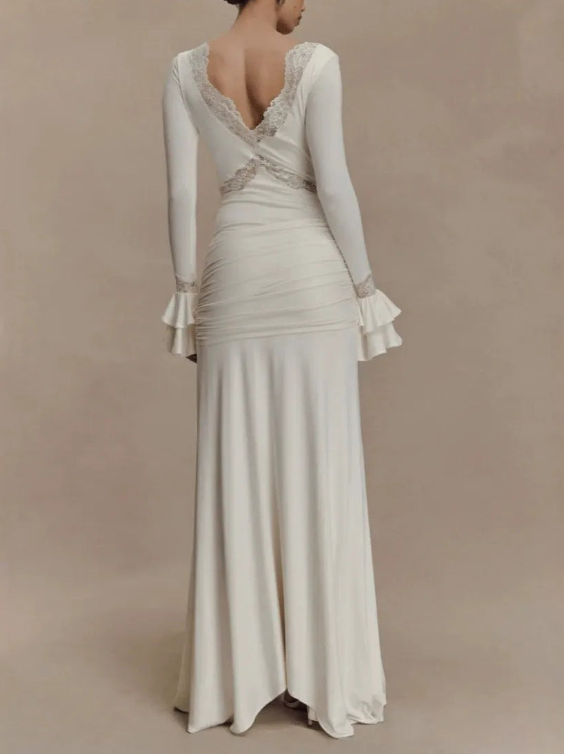 Sexy Lace Panel Trumpet Sleeve Maxi Dress