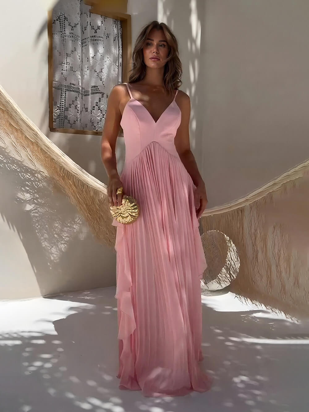 Delicate Pink Layered Patchwork Ruched Party Maxi Dress