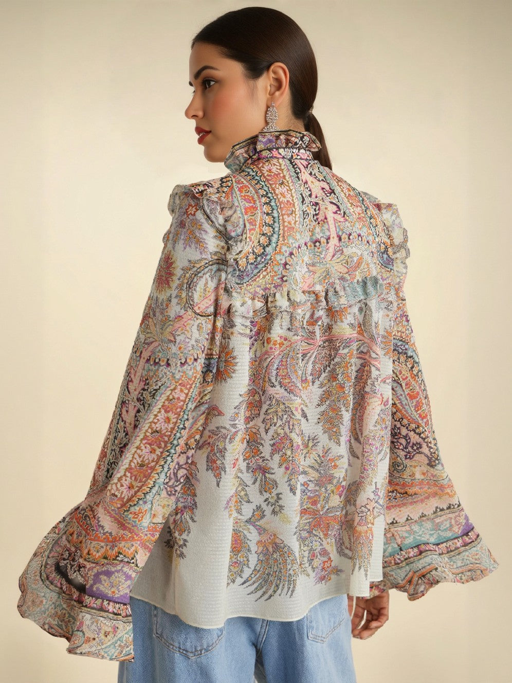 Exquisite Vintage Paisley Print Ruffled Shirt