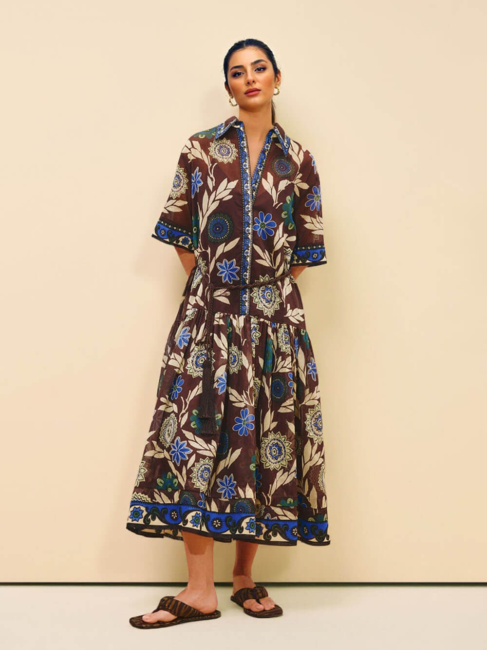 Retro Print Button-Front With Braided Rope Belt Maxi Shirtdress