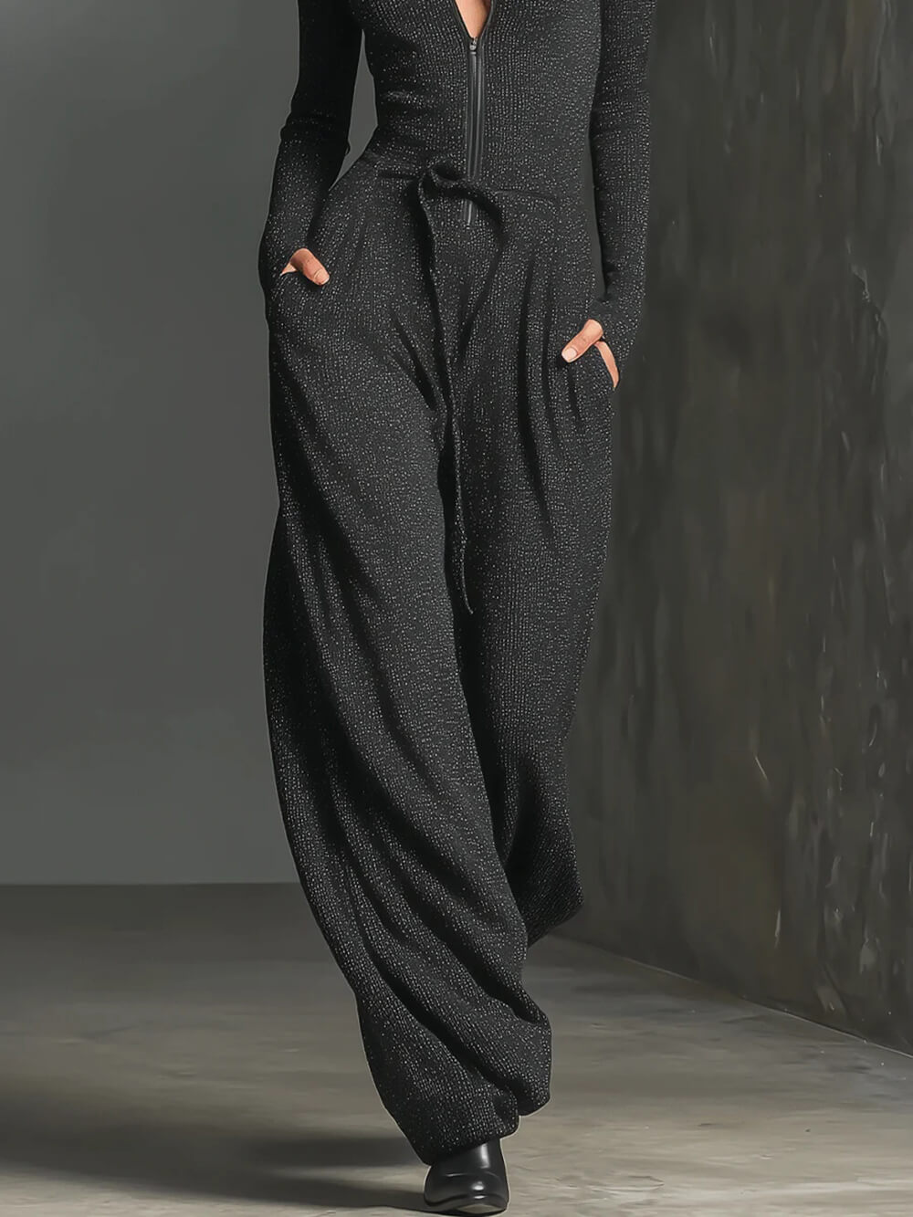 Elegant Knitted Shimmering Zipper Jumpsuit