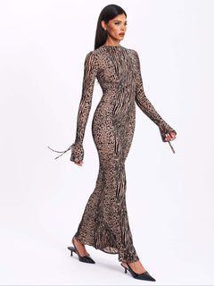 Exquisite Leopard Velvet Mesh Halter Maxi Dress
