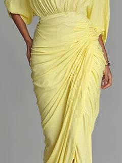 Elegant High-neck Half-sleeve Pleated Maxi Dress
