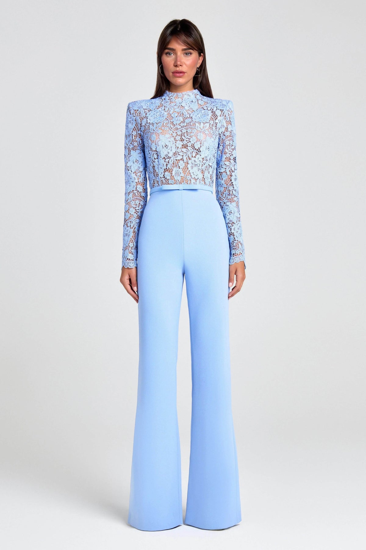 Elegant Party Charmer Flower Lace Patchwork Long Sleeve Bow Belted Flare Jumpsuit