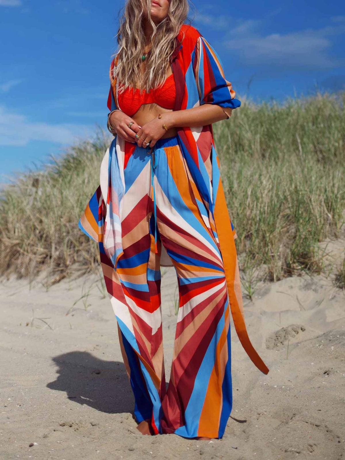 Vibrant Geometric Stripe Wide-Leg Pants