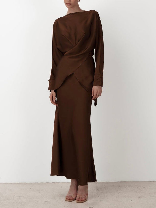 Elegant Draped Satin Mermaid Maxi Skirt