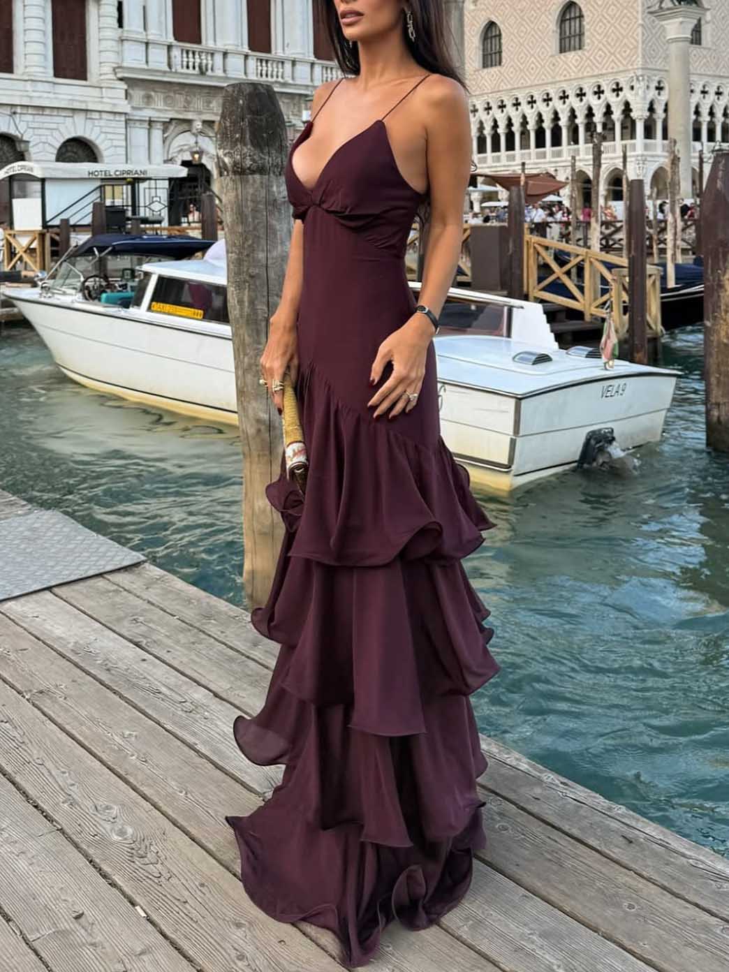 Elegant Deep V-Neck Tiered Ruffle Maxi Dress