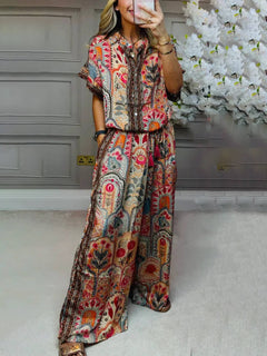 Boho Print Tassel Detail Casual Elastic Waist Pocket Wide-Leg Pants