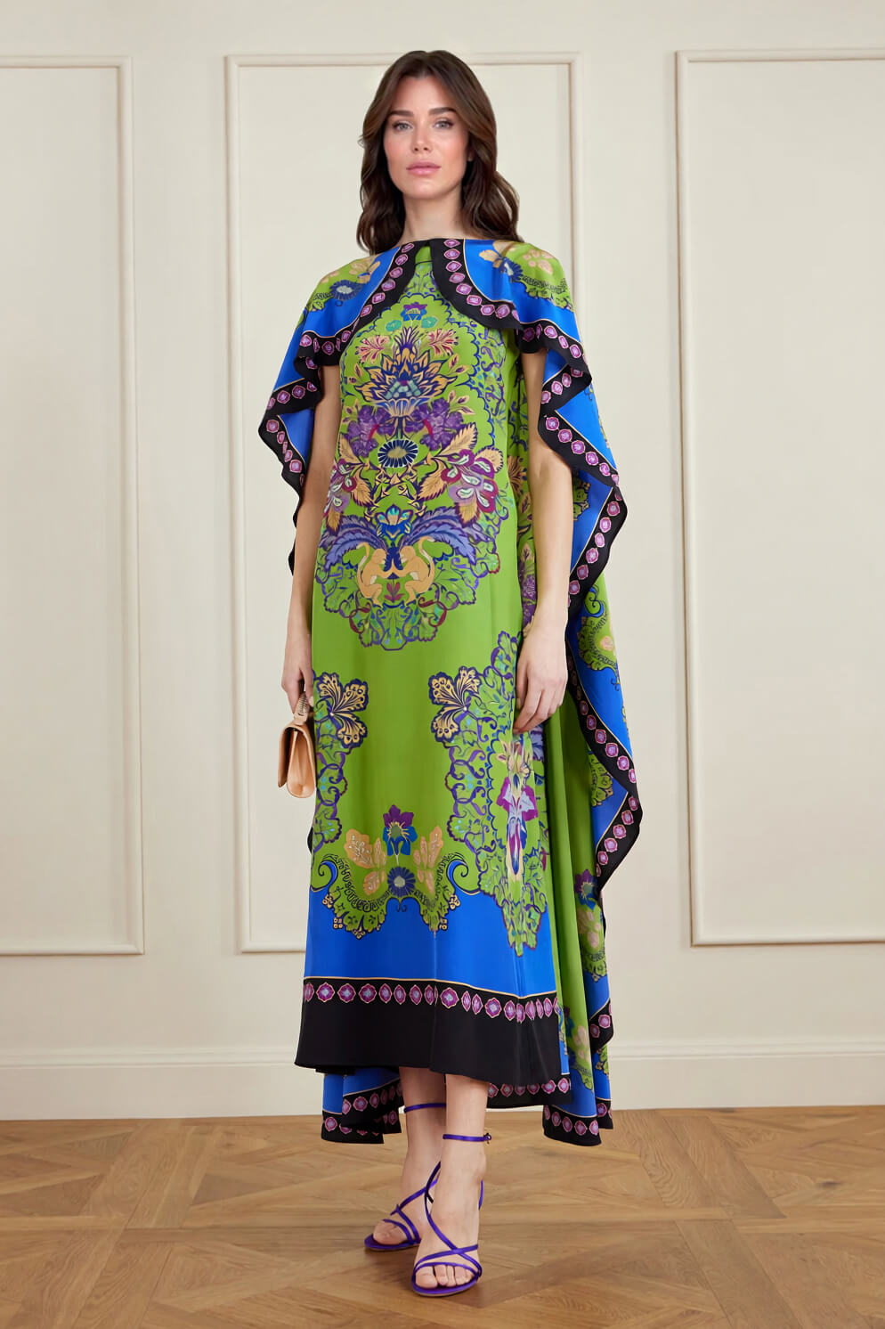 Unique Shawl-Style Floral Print Satin Maxi Dress