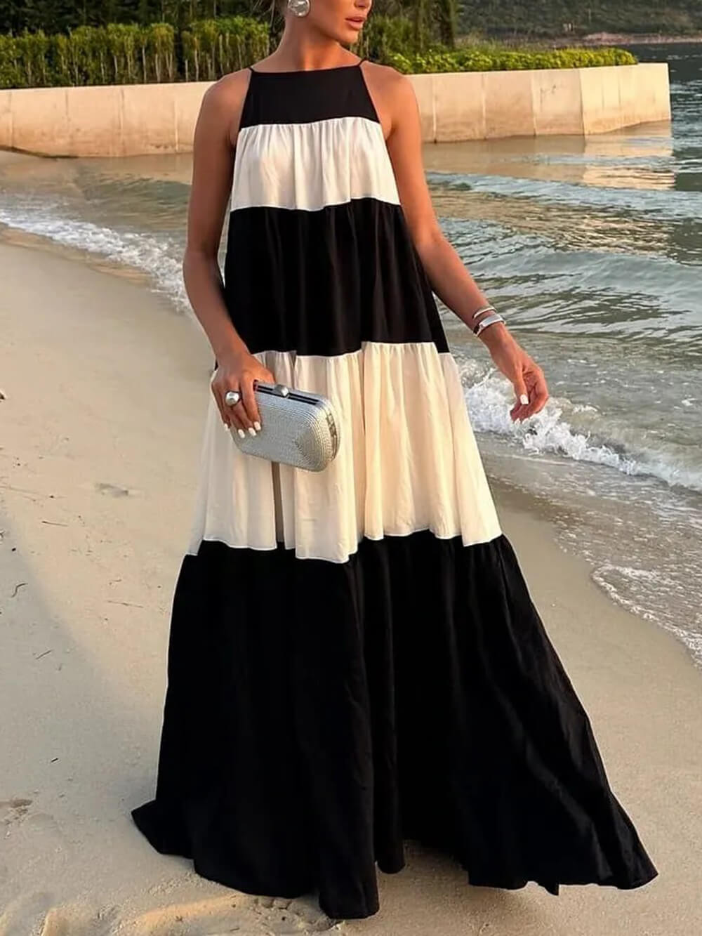 Casual Colorblock Tie-strap Gathered Tiers A-line Maxi Dress