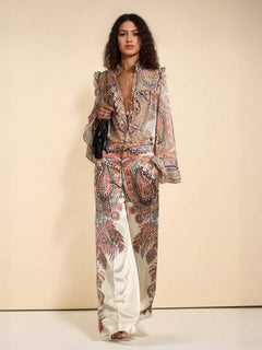 Exquisite Vintage Paisley Print Ruffled Shirt