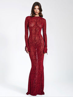 Exquisite Leopard Velvet Mesh Halter Maxi Dress