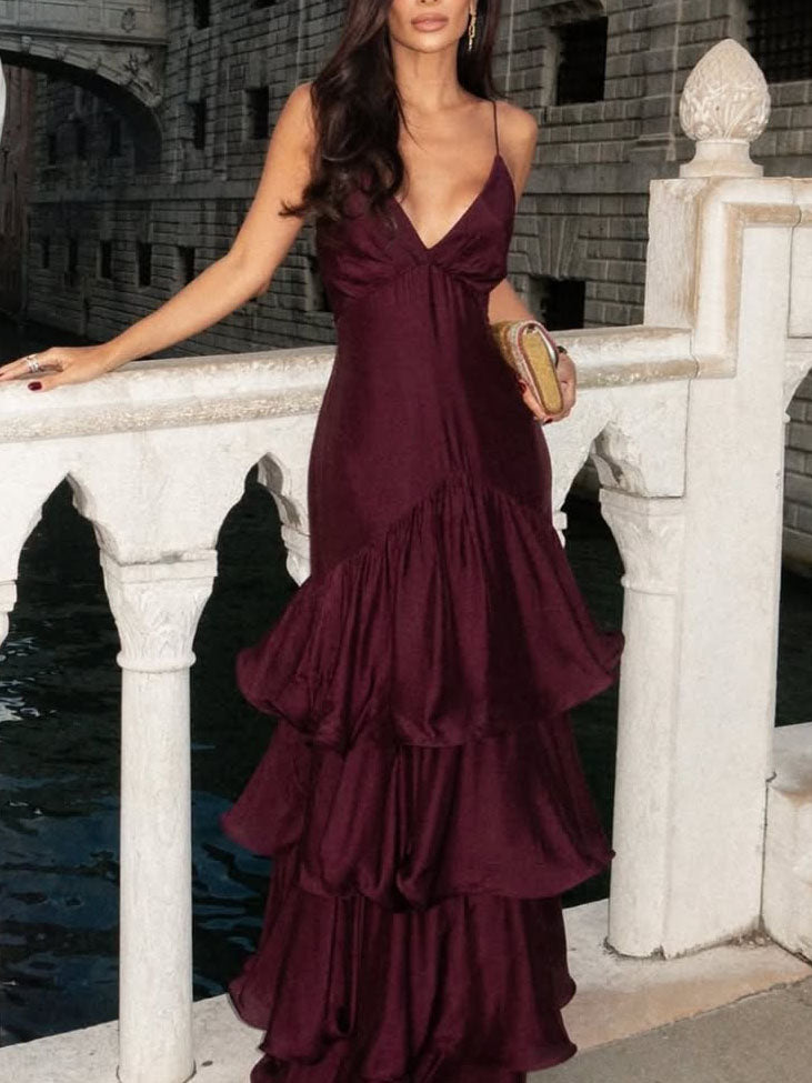 Elegant Deep V-Neck Tiered Ruffle Maxi Dress