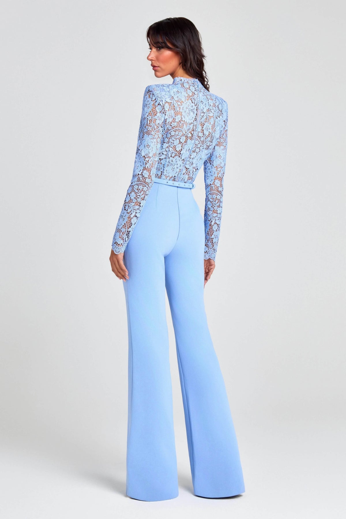 Elegant Party Charmer Flower Lace Patchwork Long Sleeve Bow Belted Flare Jumpsuit