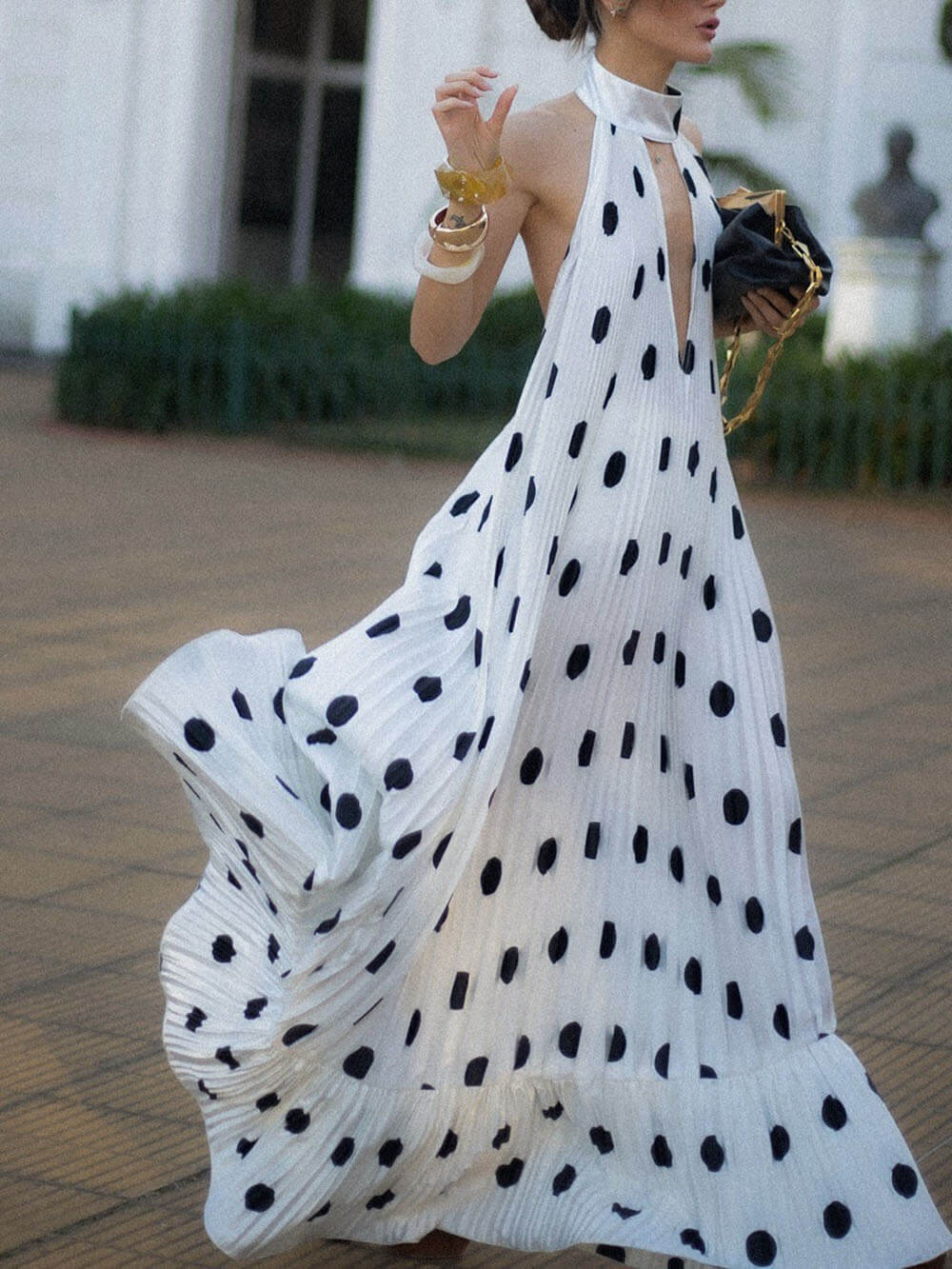 Elegant Polka Dot Backless Halter Evening Gown Maxi Dress