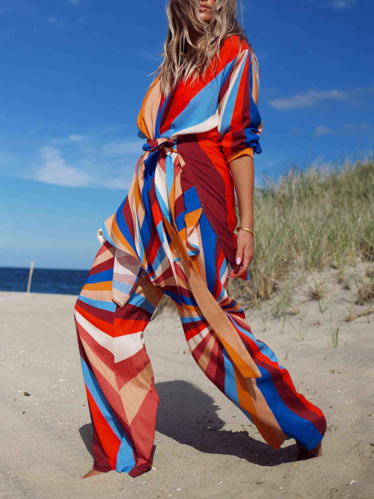 Vibrant Geometric Stripe Wide-Leg Pants