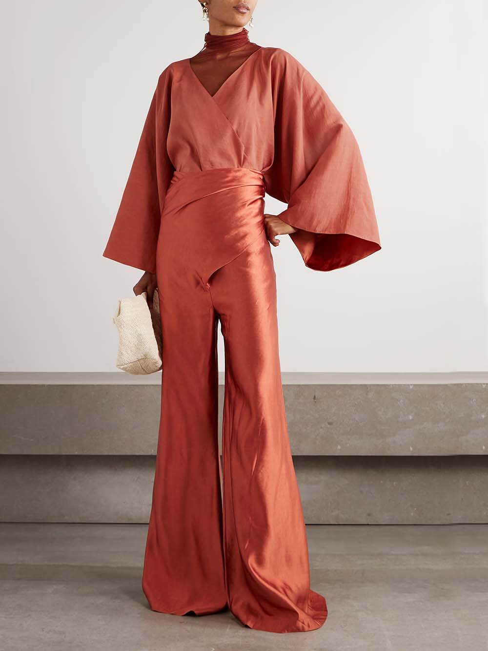 Unique Wrap-Effect Satin Wide-Leg Pants