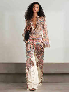 Exquisite Vintage Paisley Print Ruffled Shirt