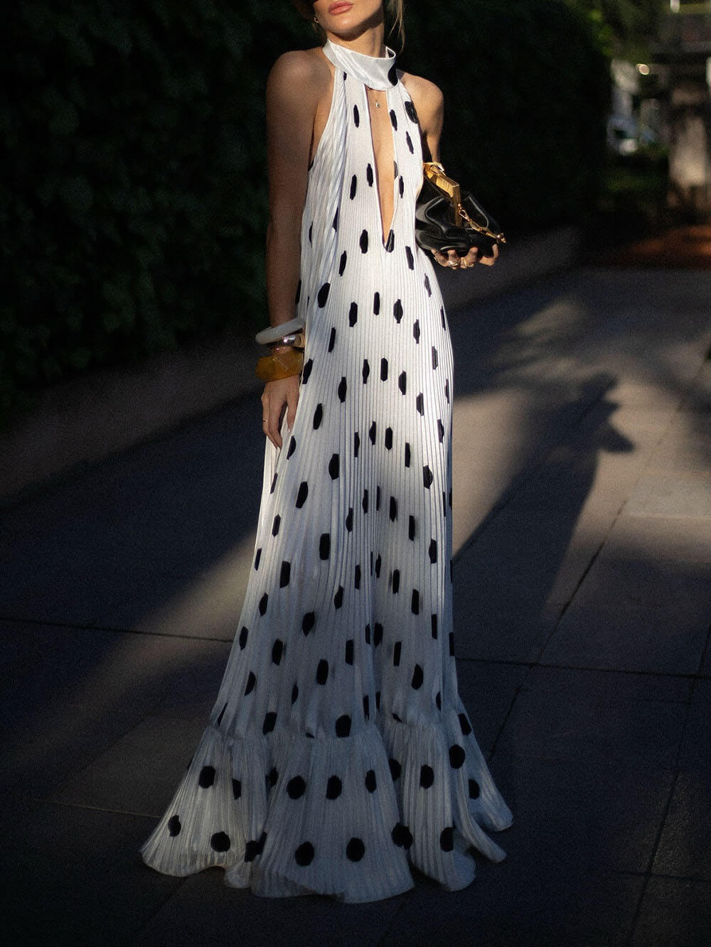 Elegant Polka Dot Backless Halter Evening Gown Maxi Dress