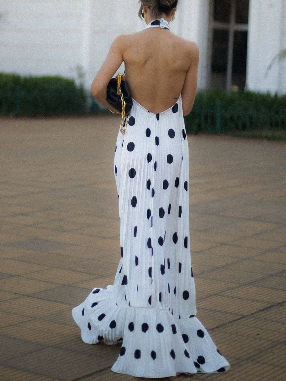 Elegant Polka Dot Backless Halter Evening Gown Maxi Dress