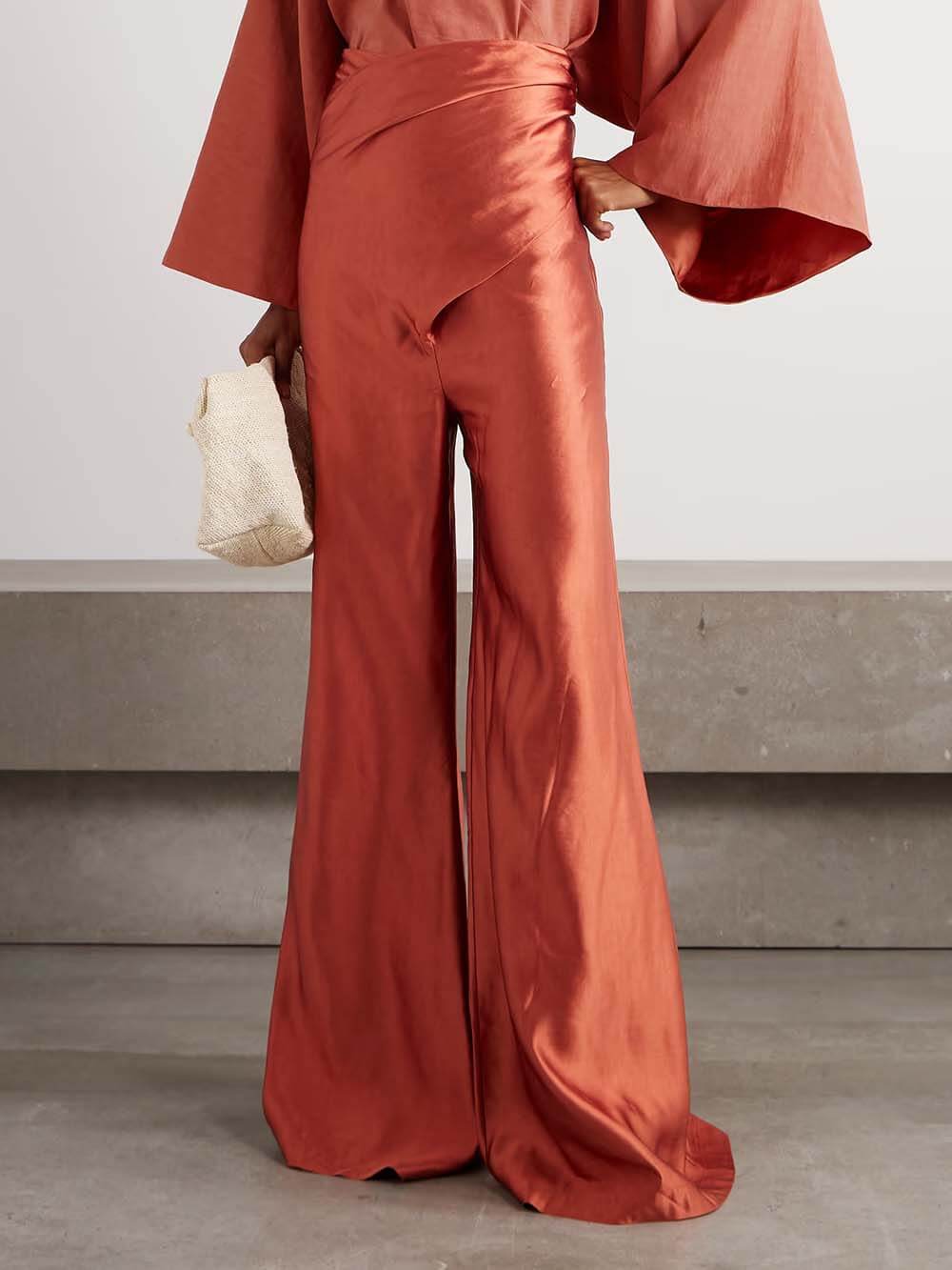 Unique Wrap-Effect Satin Wide-Leg Pants