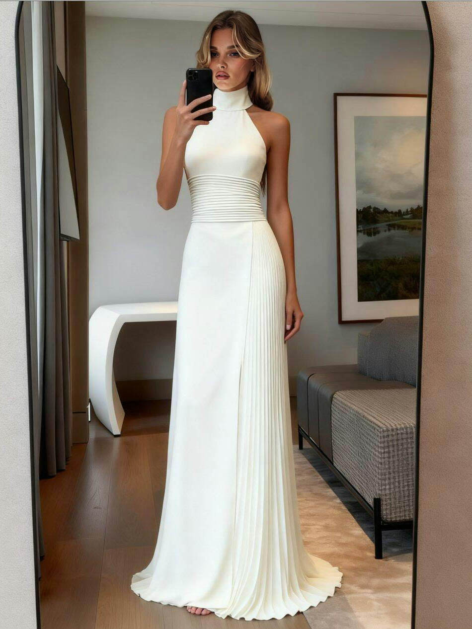 Elegant Halter Pleated Maxi Dress