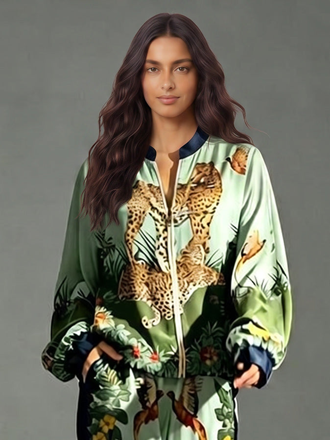 Exotic Jungle Print Zip-Up Long Sleeve Shirt