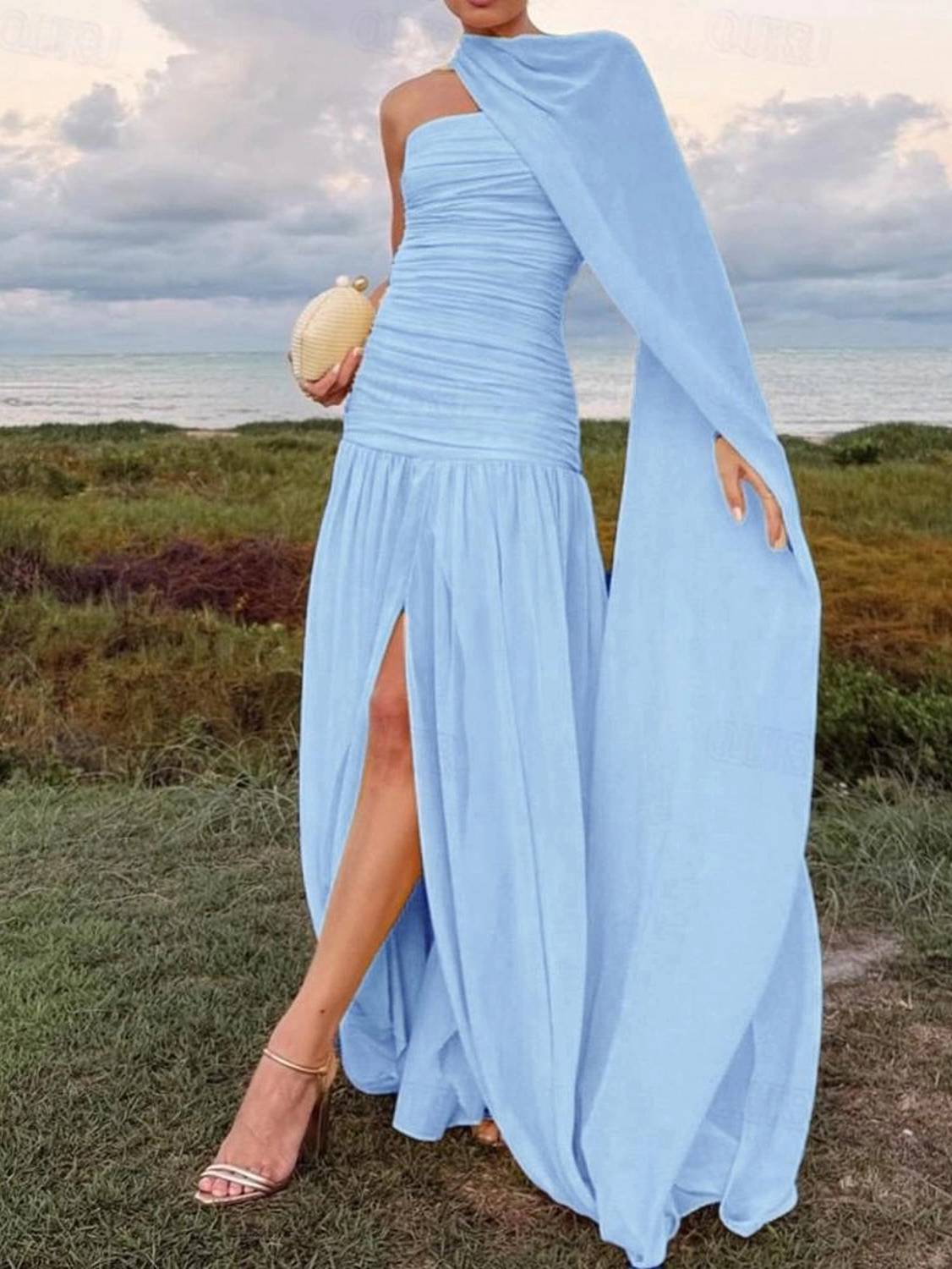 Shawl Ribbon Pleated Maxi Dress