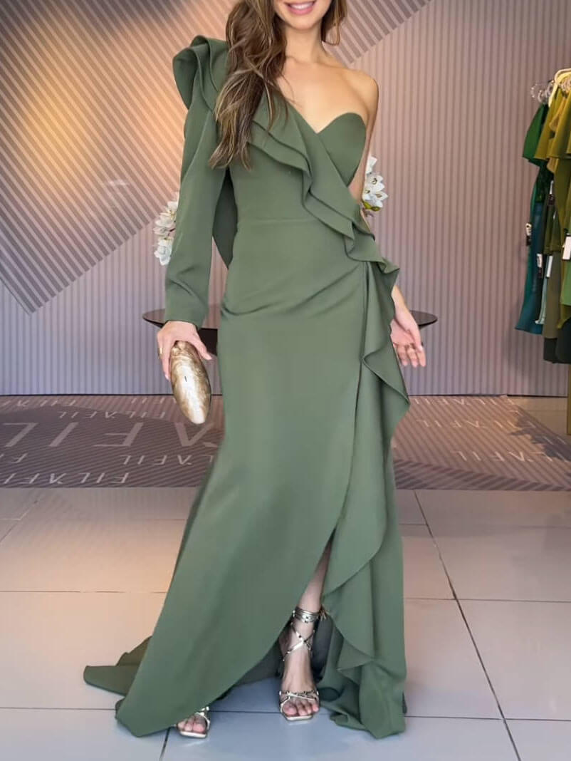 Elegant Layered Ruffled One-Shoulder Maxi Dress