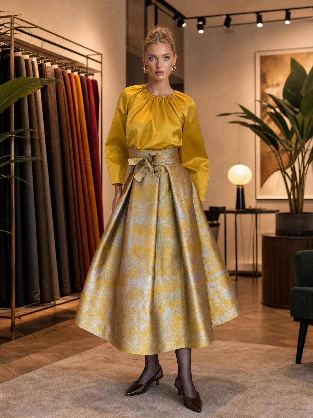 Elegant Yellow Satin Long Sleeve Blouse and Jacquard Belted Midi Skirt Set