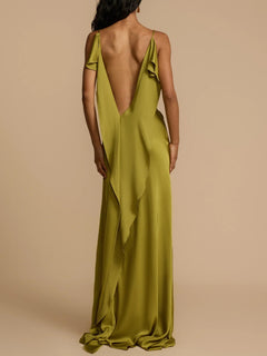 Elegant Satin Ruffled High Slit Maxi Dress
