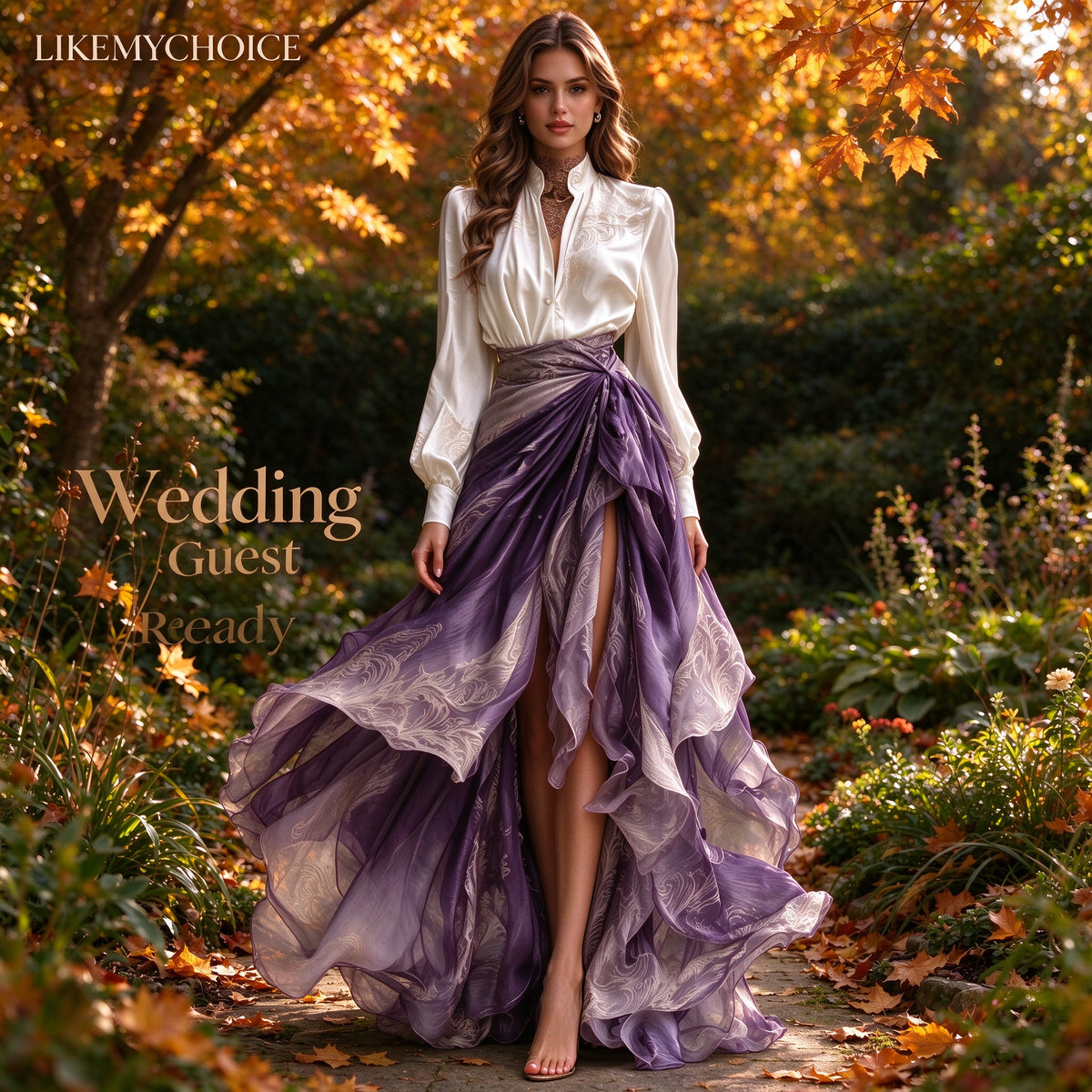 Two-piece Embroidered Satin Shirt With Vertical Collar Gradient Purple Kink Split Floating Dress